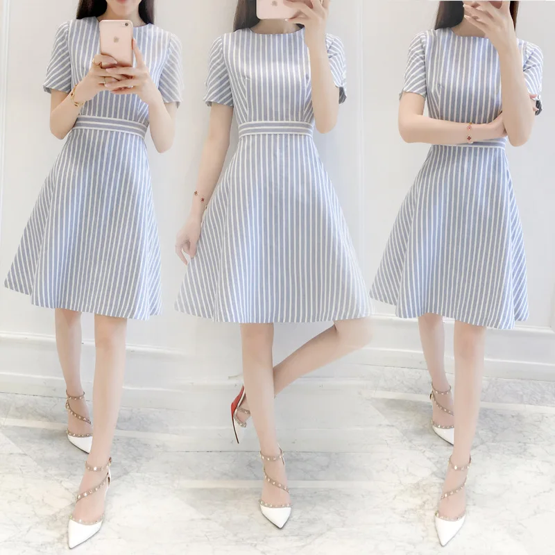 

2020 Summer Korean-style Elegant College Style Striped Dress Women's Slim Fit Slimming Large Size Waist Hugging A- line Skirt