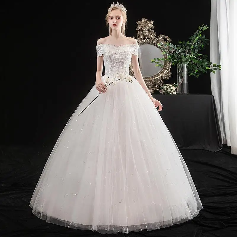 Vestido De Noiva Элегантное свадебное платье с вырезом лодочкой и открытыми плечами с кружевной аппликацией узкого размера плюс бальное платье для невесты L - Цвет: Off white floor