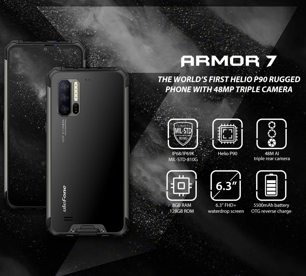 Ulefone Armor 7 глобальная версия IP68/IP69K прочный телефон Helio P90 Восьмиядерный 8 ГБ+ 128 ГБ 48мп Тройная камера 5500 мАч Android 9,0 NFC