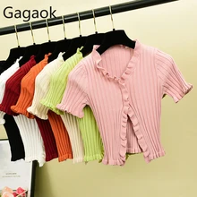 Gagaok Women Sweet Short Sweater Spring Autumn Solid V-Neck Butterfly Sleeve Button Stretch Retro Slim Female Korean Cardigans