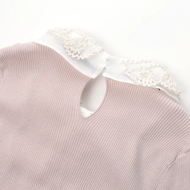 Women Dress Split Knitted Elegant Bodycon Lace Up Bow Vestido Slim Mesh Ruffles Robe Short Sleeve Pullovers Office Lady