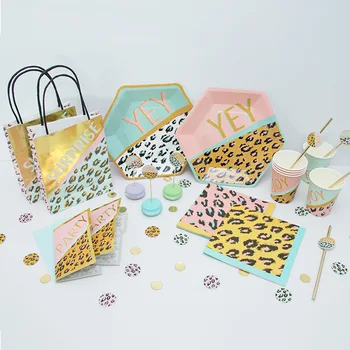 

Bronzing Leopard Patter Theme Adult Birthday Han Party Supplies Decor Disposable Tableware Paper Plate Cup Tissue Napkin Straw