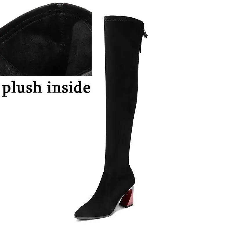 plush inside ALLBITEFO/эластичные женские сапоги из флока и овчины в простом стиле; женские сапоги до колена; модные сапоги для девочек; сезон осень-зима - Цвет: plush inside