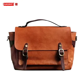 

The First Layer of Cowhide Women Handbag British Female Business Leather Briefcase A4 Book Schoolbag Retro Literary Style Niche