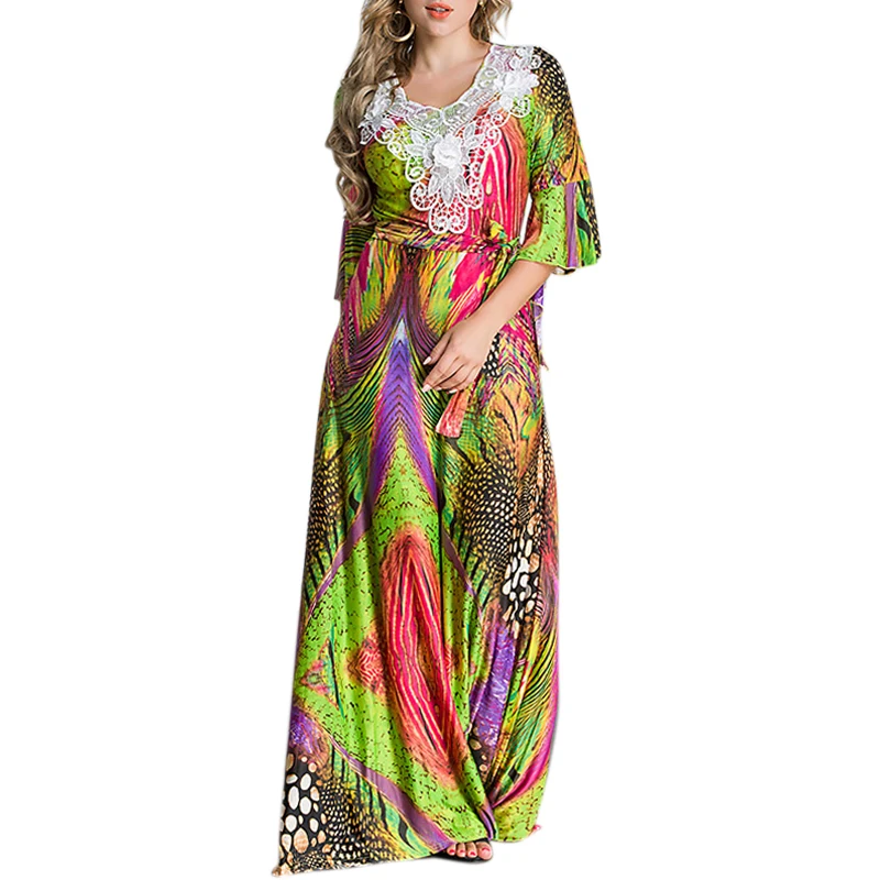 

Long Abaya Dubai Dress 2020 Fashion Loose Large Size S-7XL Colorful Print O-neck Embroidery Half Sleeve Abayas Islamic Clothes