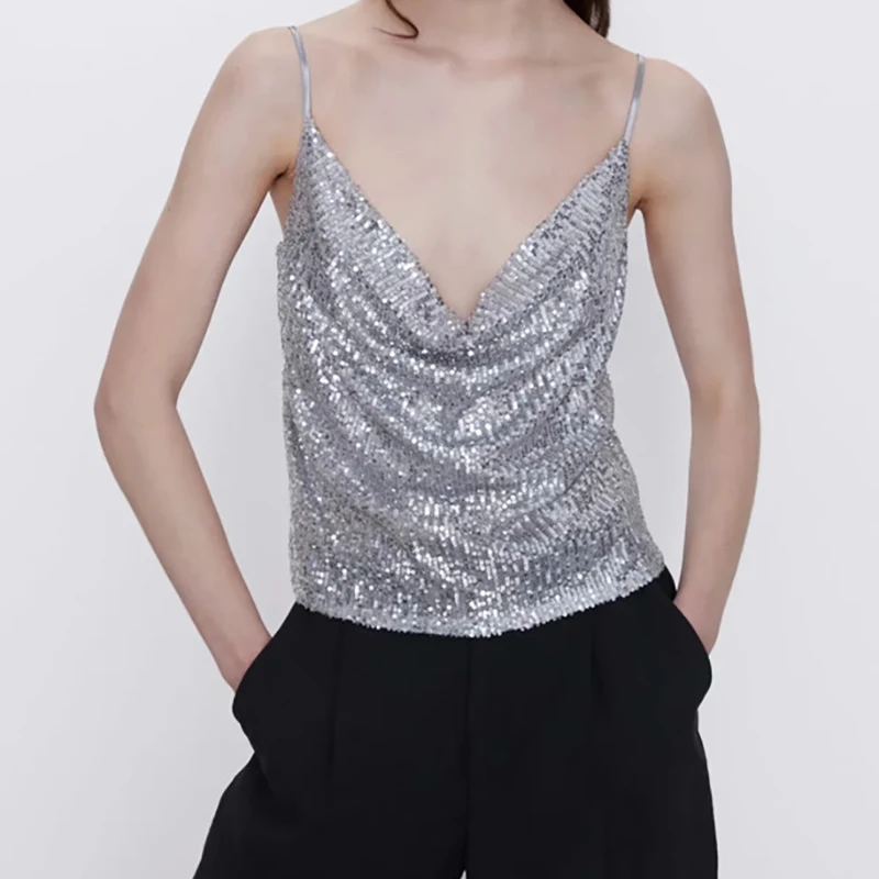 Женский модный серебристый блестящий топ Za расшитый блестками на бретельках 2020