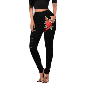 

Women's High Waist Sexy Jeans Slim Stretch Large Size Denim Jeans Button Pocket Embroidered Flower Holes Skinny Pencil Jeans