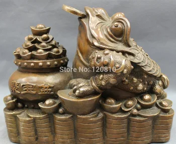

8" Chinese Copper Bronze FengShui Wealth YuanBao Coin Hoptoad Toad Bowl Statue