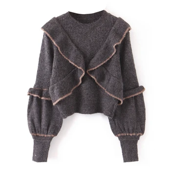 

New Casual Ruffles Sweater O neck Lantern Sleeve Autumn Jumpers Knitwear Women Solid Color Pulloves Sweater XB9523