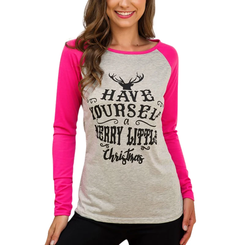 

Women Christmas Letter Printed T-shirt Long Sleeve 2019 Autumn Round Neck Tshirt Large Size Loose Casual Tops Tee Shirt Femme