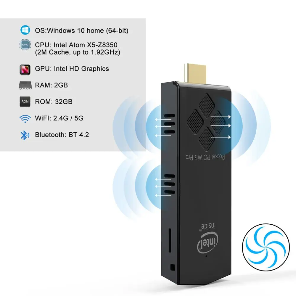 W5 pro четырехъядерный безвентиляторный Windows10 Мини ПК палка Intel Atom x5 Z8350 ОЗУ 4 Гб ПЗУ 64