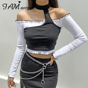 

IAMHOTTY Halter Sexy Slash Nick Skinny Women's t-shirt Patchwork Solid Basic Long Sleeve Y2K Crop Top Tees Kpop Korean Clothes