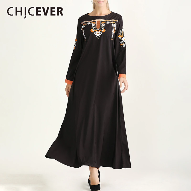 CHICEVER платье для женщин с вышивкой рисунком длинными рукавами и круглым вырезом