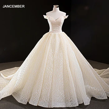 شراءJ66670 Jancember البوهيمي فستان الزفاف الشمبانيا قبالة الكتف الخامس الرقبة الكرة ثوب فساتين زفاف 2019 تول Vestido دي Noiva