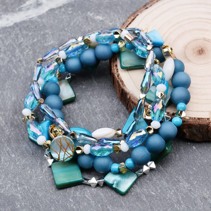 Dainty Ethnic Jewelry Boho Crystal Abalone Shells Charm Bracelets Set Women Geometric Accessory Red Blue Style Bracelet BCSET295