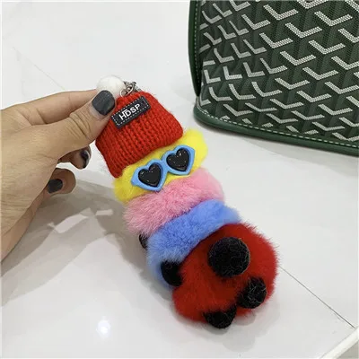 Женская подвеска из натурального меха кролика рекс красочная гусеница меховой брелок пушистая игрушка сумка Бусина в форме автомобиля брелок пара подвесная цепочка - Цвет: 14CM