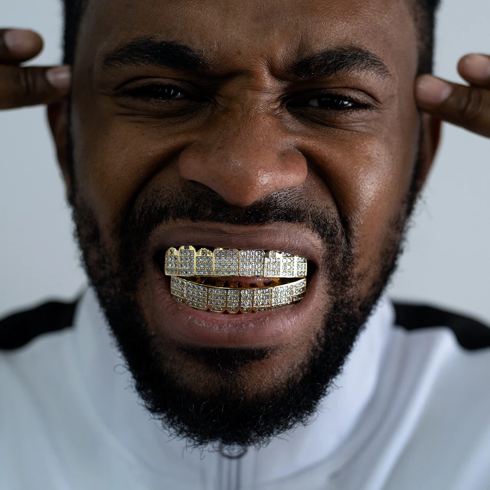 Luxury Rapper Iced Out Square Cz Gold Teeth Grillz Top Bottom Dental