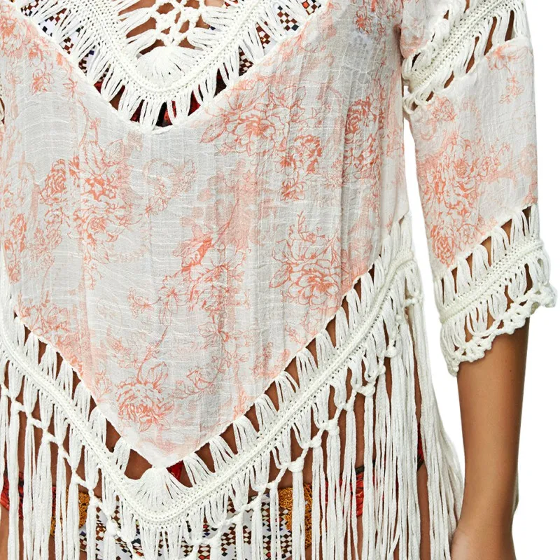 Lady Women's Summer Sexy Cotton Knitting Hook Flower Cutout Deep V Tassel Beach Coverup Sun Protection fringe end cover ups