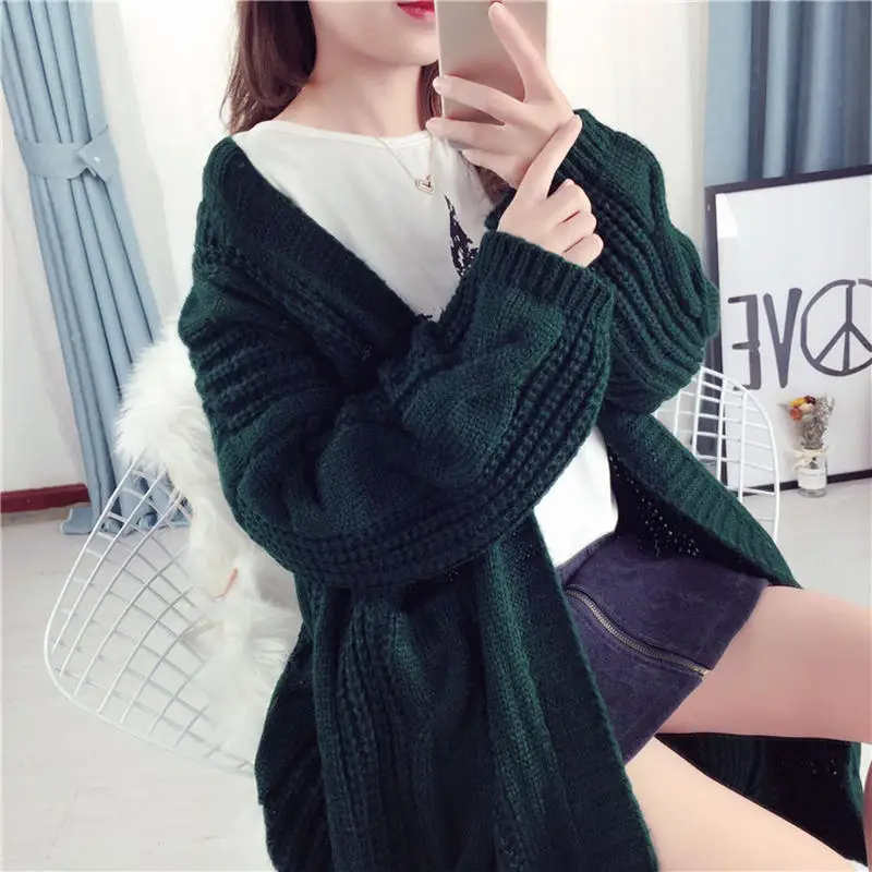 dark green Длинный Кардиган Женская куртка осень зима свитер женский плотный вязаный кардиган Femme карманы свитера куртка пальто женский C5799 - Цвет: dark green