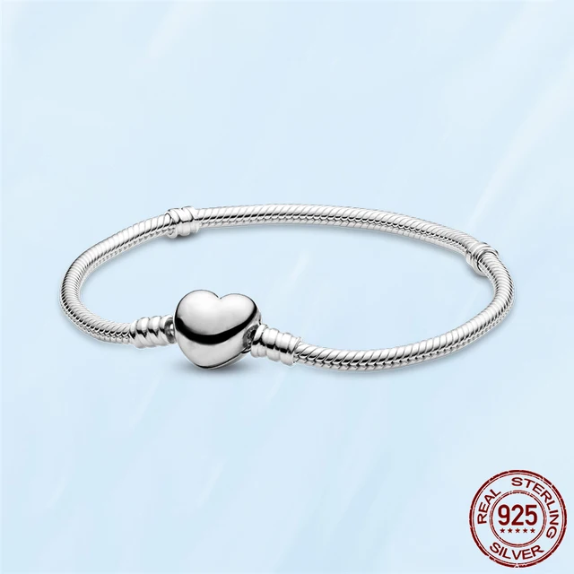 TOP SALE 925 Sterling SILVER Heart Snake Chain Fashion Bracelets For Women Fit Original Pandora Charm Beads Jewelry Gift PAB019
