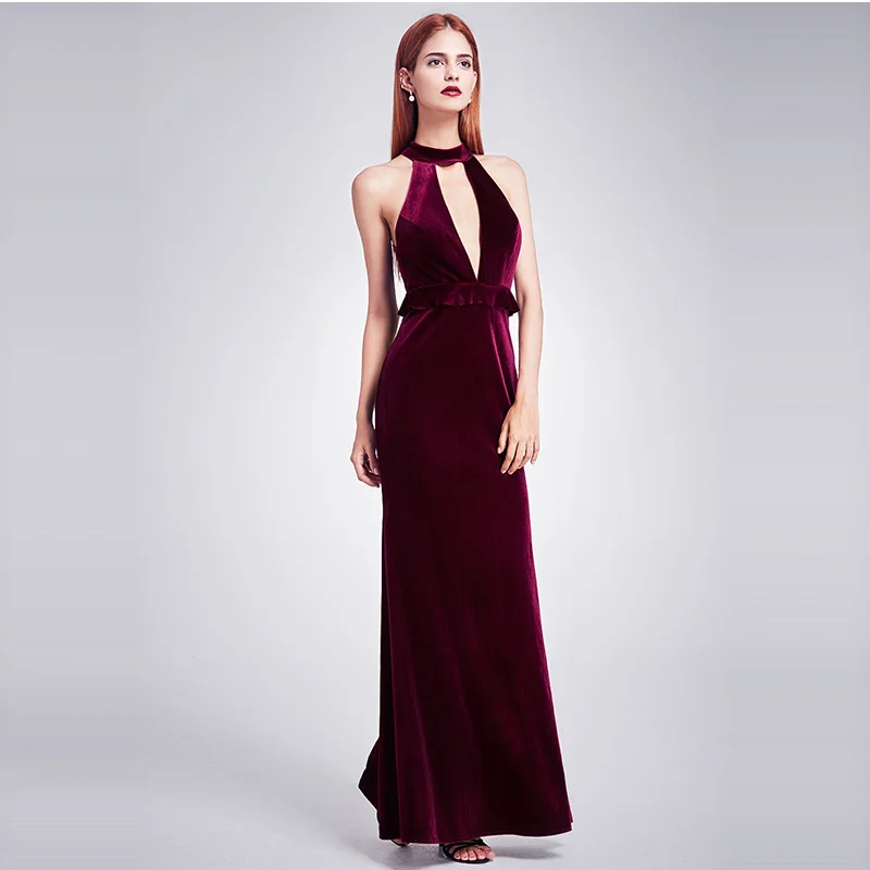 Burgundy Это Yiiya официальное платье с v-образным вырезом, велюровое ТРАПЕЦИЕВИДНОЕ женское вечернее платье элегантного размера плюс, длинное платье без рукавов C412 - Цвет: Burgundy
