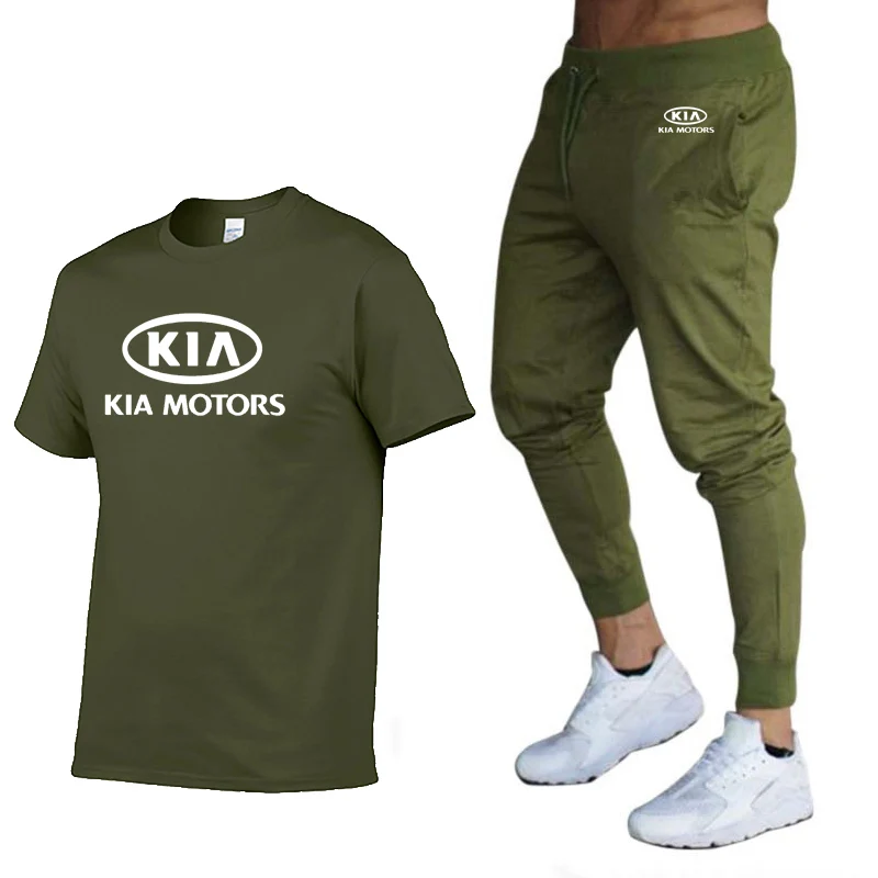 Модные летние мужские футболки автомобиль kia логотип печати хип-хоп Повседневная хлопковая футболка с коротким рукавом высокого качества брюки костюм мужская одежда
