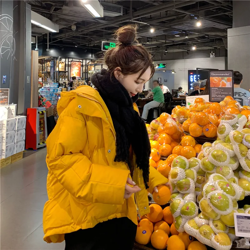

Photo Shoot 2019 Autumn And Winter Korean-style Thick Duck Yellow Mid-length Cotton-padded Clothes Hooded Stand Collar Long Slee