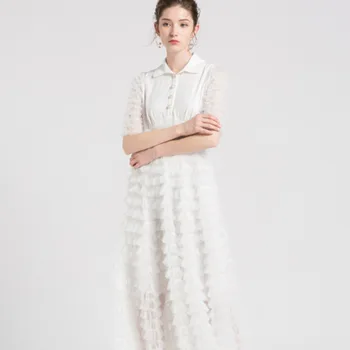 

Women Dress 2020 Luxury Elegant Ladies Vintage Solid Designer Maxi Long Mesh Ruffles Pleated Button A-line Female Vestido