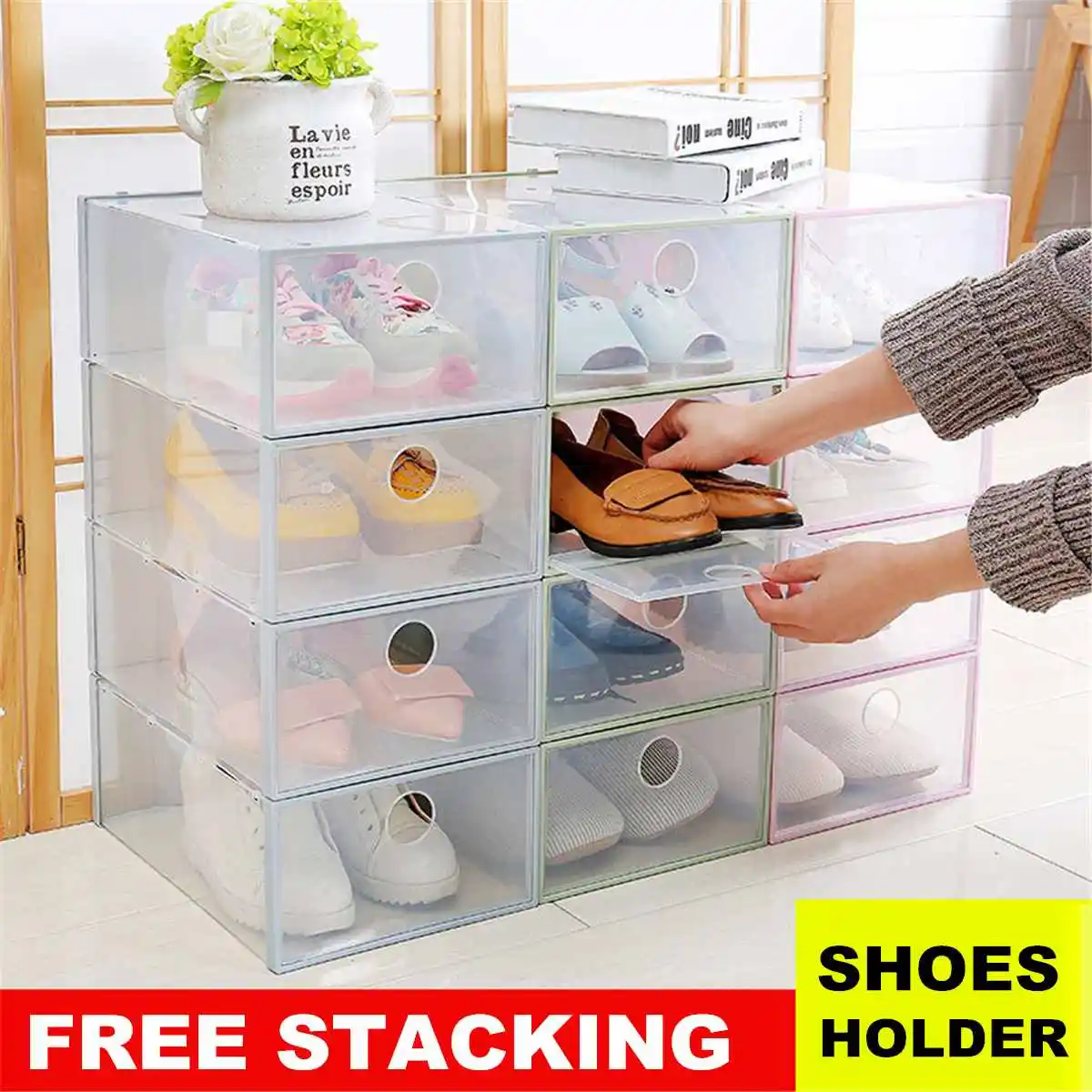 

Plastic Transparent Shoe Box Clear Storage Organizer Stackable Boxes Thickened Flip Shoes Holder Container 6 Colors Foldable