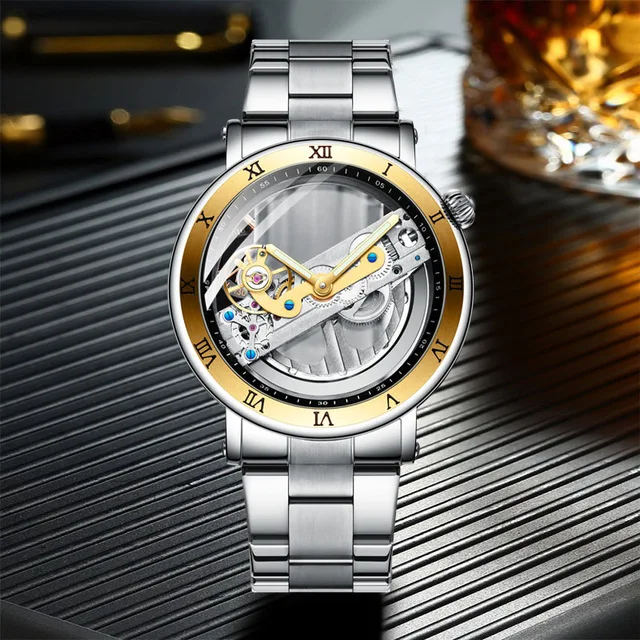 Модные мужские часы FORSINING, двухсторонние прозрачные механические Автоматические часы, сталь, стимпанк, креативные водонепроницаемые наручные часы - Цвет: gold