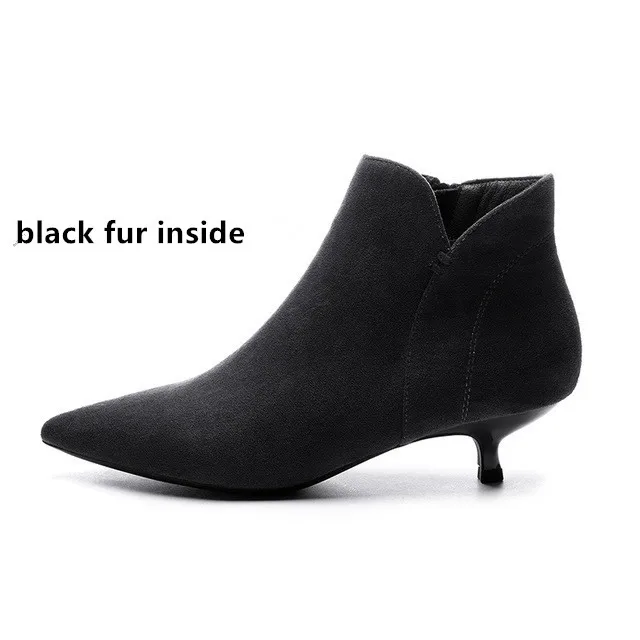black fur lining3 Женские ботинки короткие ботильоны из флока на молнии на тонком каблуке, украшенные кристаллами; коллекция года; Сезон Зима; теплые плюшевые зимние ботинки; женская обувь; Новинка - Цвет: black fur lining3