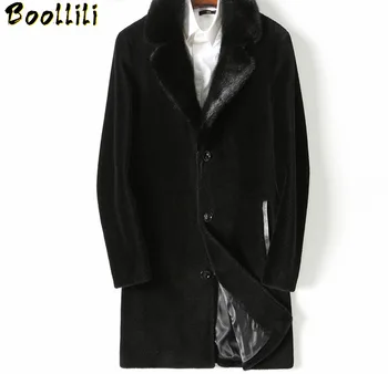 

Boollili Winter Jacket Men Real Fur Coat Long Sheep Shearling Wool Coat Mink Fur Collar Plus Size Warm 2020