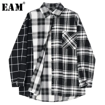 

[EAM] Women Black Plaid Split Big Size Blouse New Lapel Long Sleeve Loose Fit Shirt Fashion Tide Spring Autumn 2020 1S998