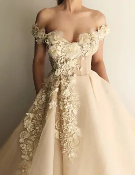 

Off The Shoulder Muslim Evening Dresses 2019 A-line Tulle Flowers Lace Beaded Islamic Dubai Saudi Arabia Long Evening Gown Prom