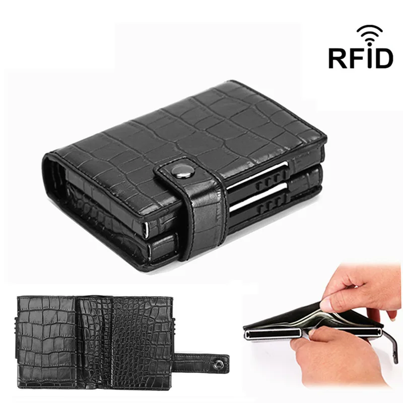 2020 Pu Leather Double Metal ID Credit Card Holder With RFID Vintage Case Automatic Money Cash Clip Mini Wallet Business | Багаж и сумки