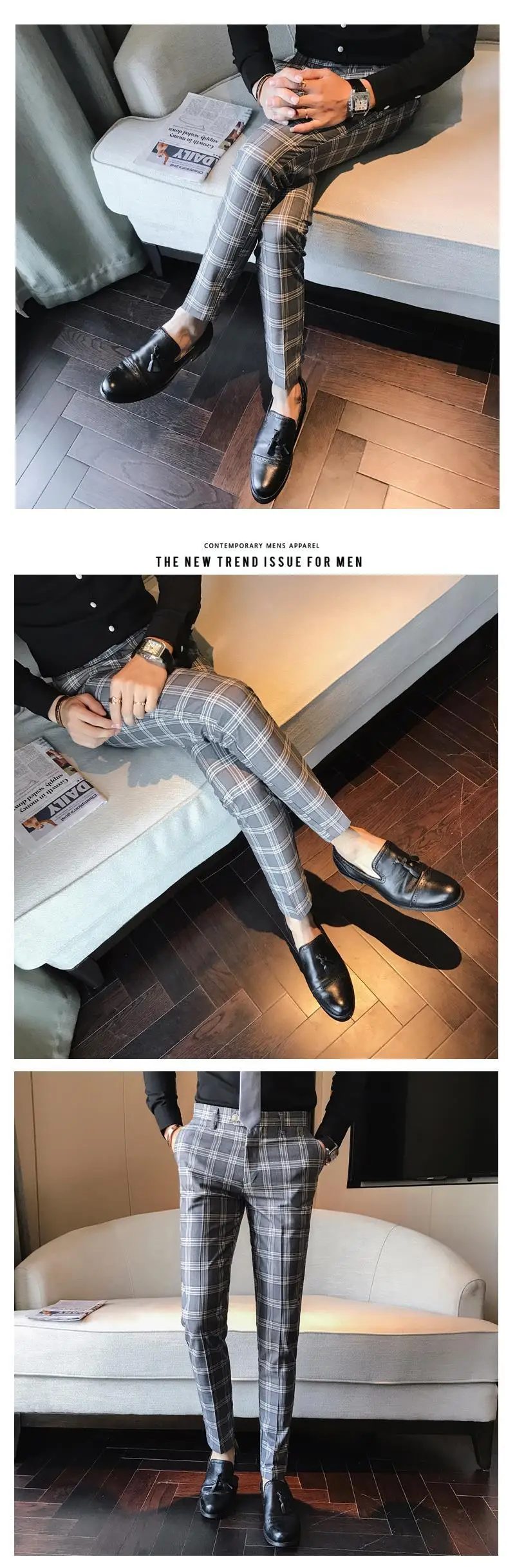 Men Dress Pants Slim Fit Formal Business Plaid Pants Men Pantalon A Carreau Homme Vintage Check Suit Trousers Wedding Pants