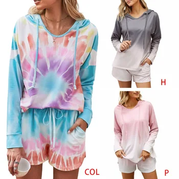 

Hot Women Gradient Color Hooded Comfortable Sleepwear Long-sleeve Top Shorts Home Wear