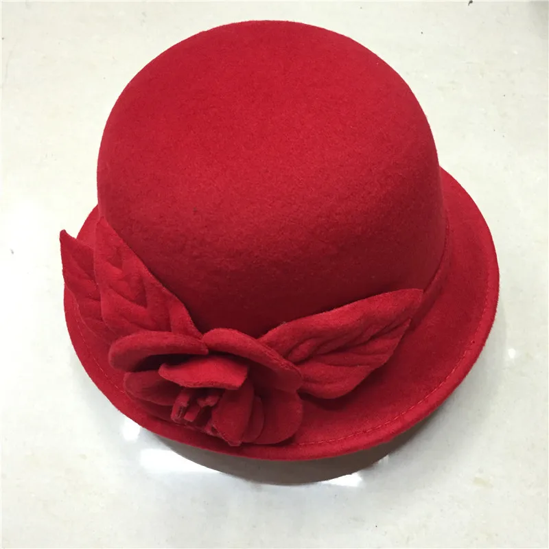 Красный Новое поступление Фетровая Шляпа Fedora шляпы для женщин большой цветок осень зима Chapeu Feminino Sombrero Floppy Bowler Женская кепка с покрывалом белый - Цвет: Красный