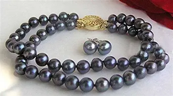 

2Row 8-9mm Natural Black Akoya Cultured pearl bracelet 7.5" + Earrings