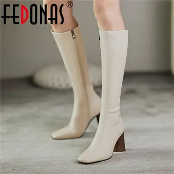 

FEDONAS Square Toe Women's Office Boots 2020 Fall Winter Knee High Heels Wide Leg Side Zipper Newest Slim Long Shoes Woman