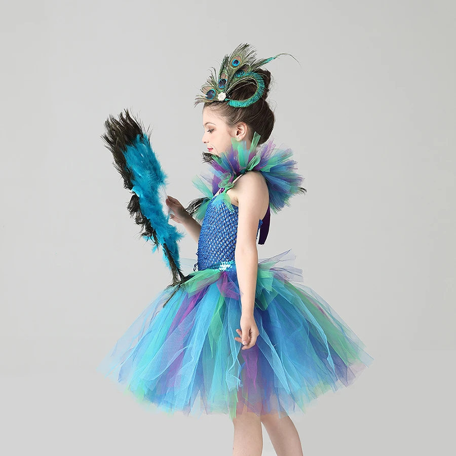 Couture Royal Peacock Girls Tutu Dress with Feather Clip Peacock Bird Carnival Fancy Dress for Kid Halloween Party Purim Costume (7)