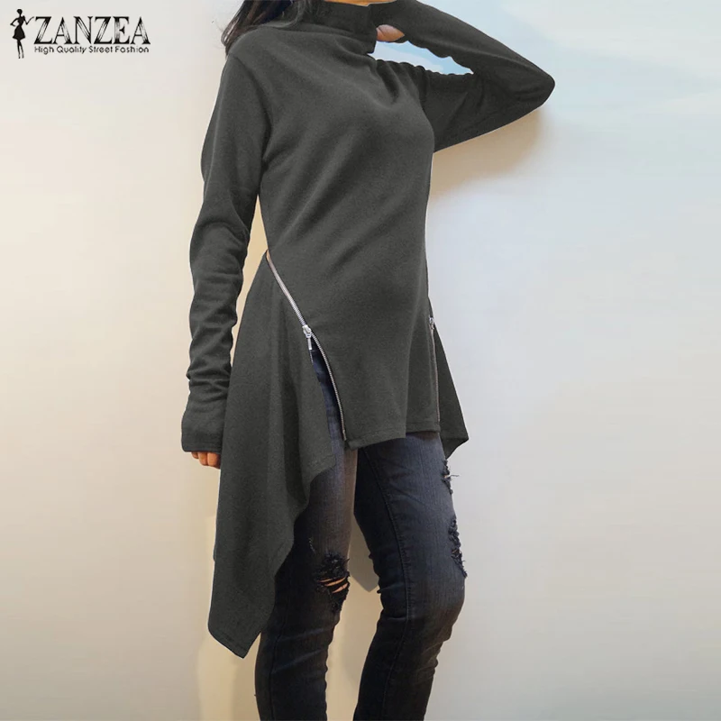 ZANZEA осенний женский свитер водолазка с длинным рукавом асимметричный подол пуловер базовый Blusas халат рубашка на молнии повседневные топы тройник