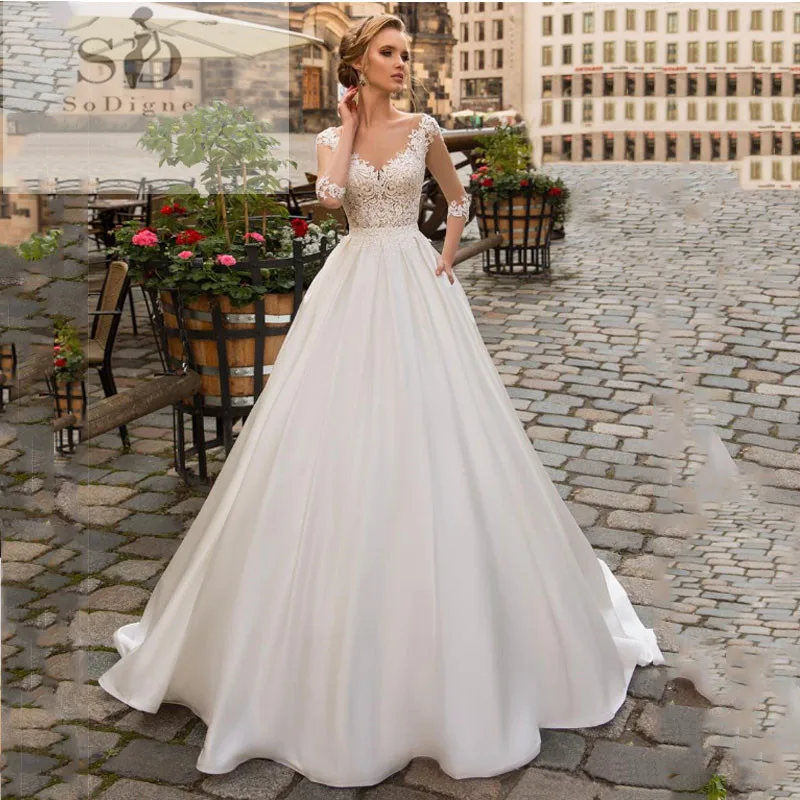 SoDigne 2019 Juli trouwjurk Lange Mouwen Boho Bruid Jurken Voor Vrouwen EEN Lijn Ivoor Kant Applicaties Satin Wedding Gown
