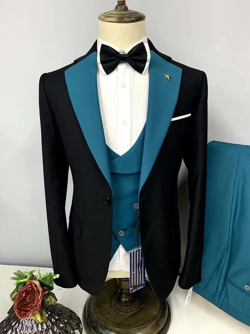 Latest design Classic pink with black wedding suit for men suits slim fit groom best man party tuxedo 3 piece Blazer