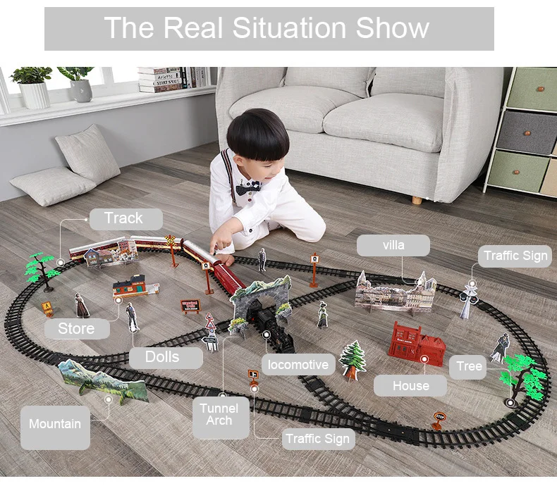 Электрический игрушечный поезд, рельсы, пульт дистанционного управления, модель поезда, набор поездов, динамический паровой Радиоуправляемый поезд, набор, имитационная модель, игрушка в подарок