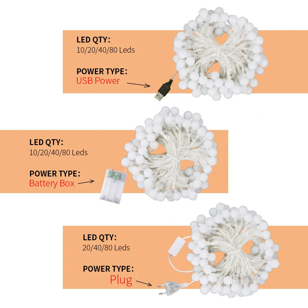 Светодиодная гирлянда с шариками, питание от USB/аккумулятора, водонепроницаемая уличная гирлянда, украшение для рождества, праздника, свадьбы, вечеринки