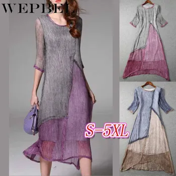 

WEPBEL New Elegant Casual Imitate Real Silk Dresses Summer Women Fashion Mesh O-Neck Stitching Print Irregular Wild Dress