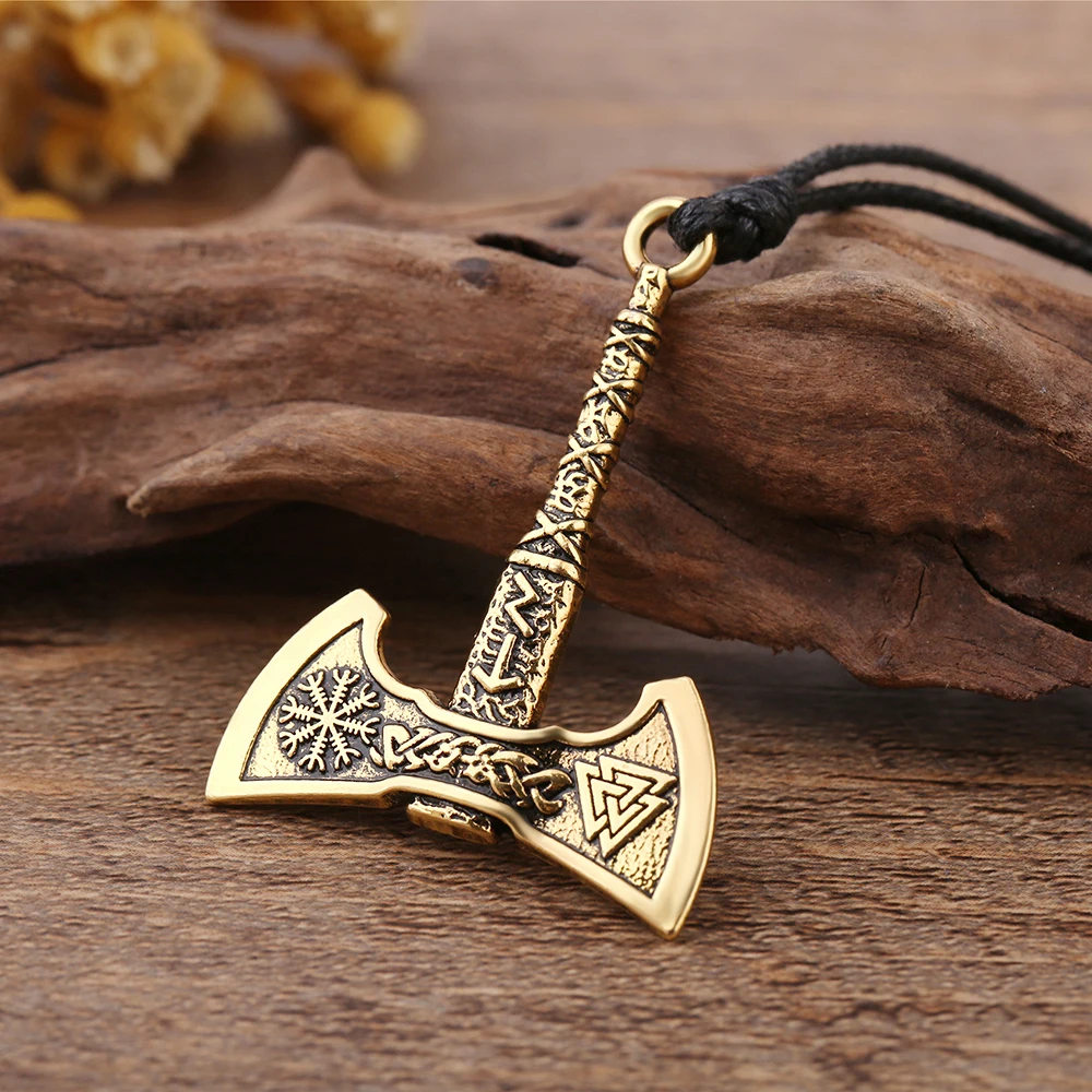 My Shape Viking Ax Axe Necklace for Men Norse Viking Runes Compass Flag Pendant Chain Vintage Amulet Jewelry Male Boy Gifts