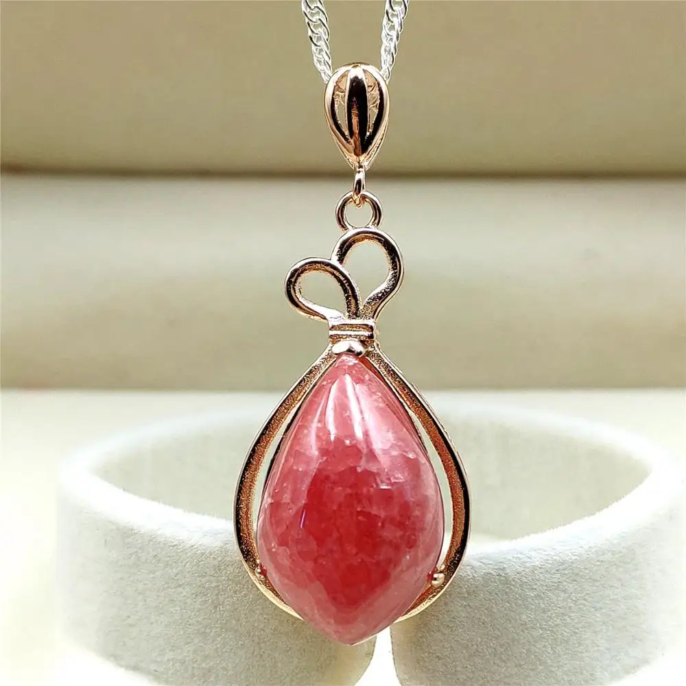 

Natural Ice Red Rhodochrosite Necklace Pendant 31x19mm Water Drop Stone Women Men Rose Gold Love Reiki Gift AAAAA