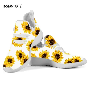 

INSTANTARTS Hot Sale Air Mesh Women Shoes Sunflower Floral Print Lace Up Knitting Sneakers Comfortable/Lightweigt Autumn Flats